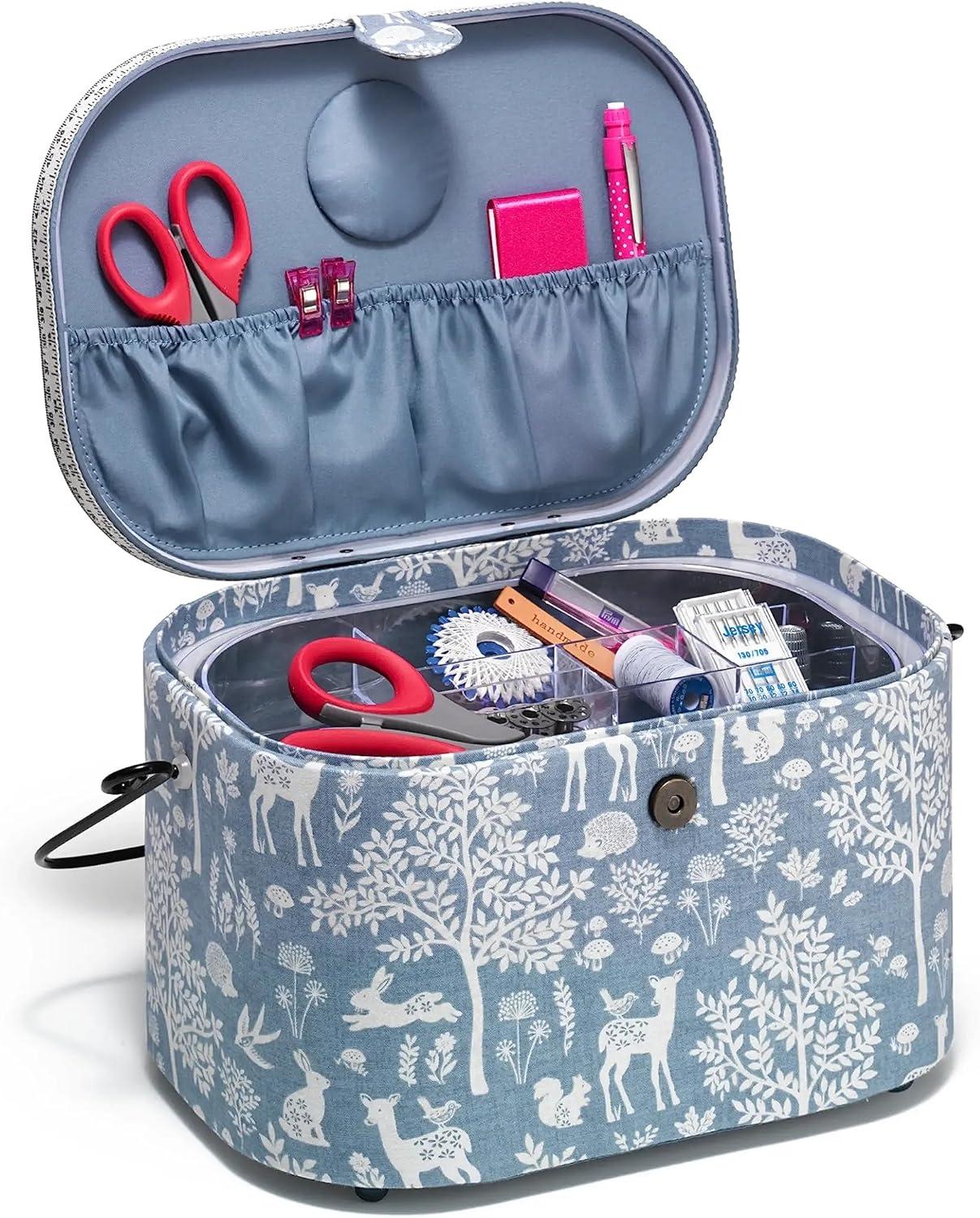 imagePrym Large Oval Sewing Basket Blue WoodlandBlue Woodland