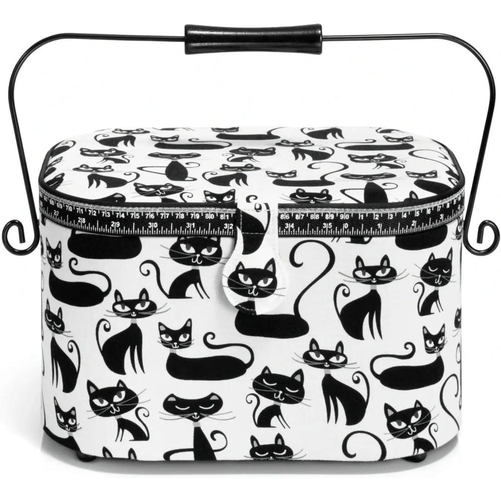 imagePrym Large Oval Sewing Basket Blue WoodlandBlack Cats