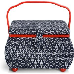 Prym Large Curved Sewing Basket, Navy & Red Geometric