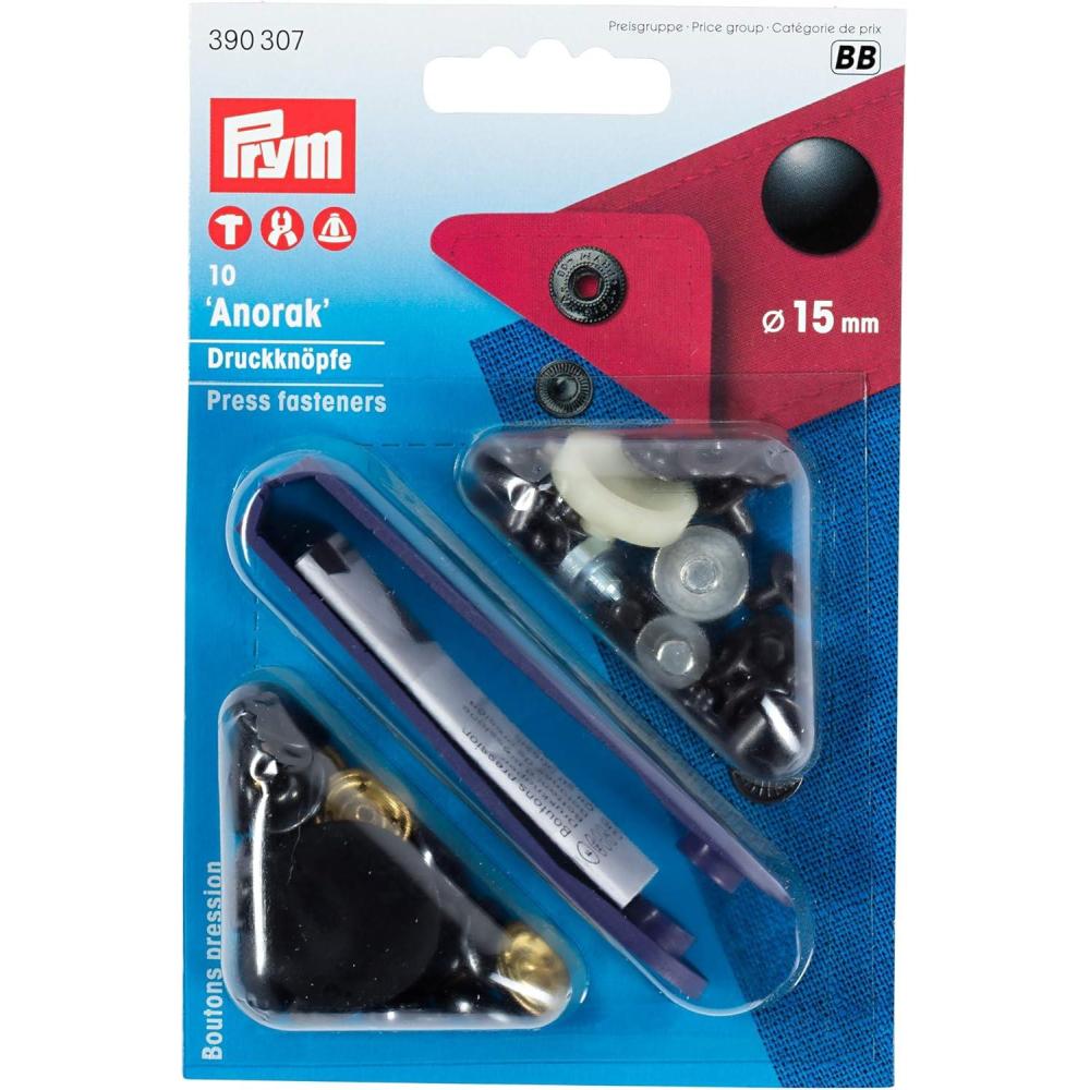 imagePrym NoSew Snap Press Fasteners with Tool for Anoraks and Parkas 15cm 15mm Silver 10 pcsBlack