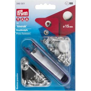Prym No-Sew Snap Press Fasteners with Tool for Anoraks and Parkas, 1.5cm (15mm), Silver, 10 pcs(Silver)